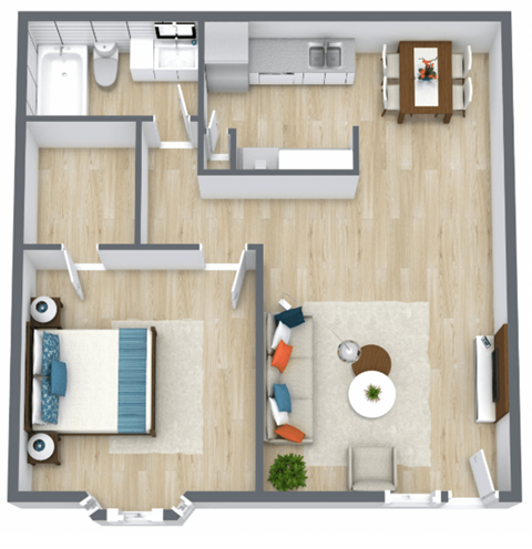 Floor plan for 1 bed, 1 bath, 749 sqft